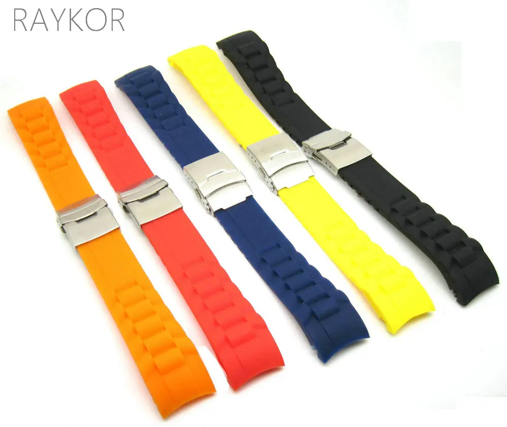 

18mm 20mm 22mm Deployment Clasp Silicone Rubber Watch Band Curved End Soft Strap for Fashion Casual Watch Multi Colors