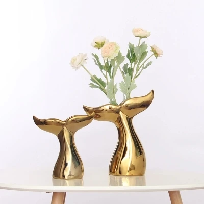 Beste Keramische Walvis Staart Ornamenten Gouden Vaas Ambachten Decoratie Moderne Eenvoudige Nordic Creative Gift Home Decoratie