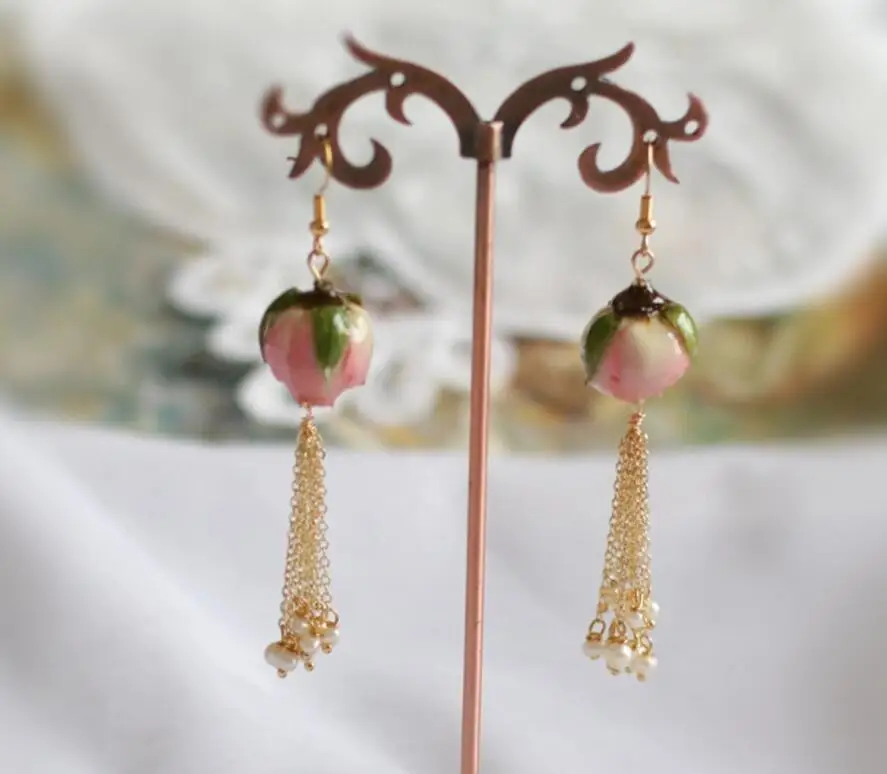 

CSxjd New Hot Natural Pearl rose dried flowers pendant earrings For Women Gifts Jewelry