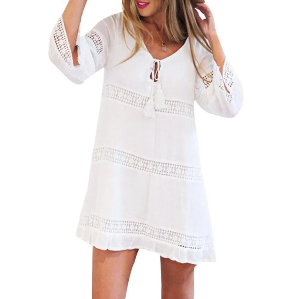 

Summer Mini Dress Women Summer 2019 Boho Three Quarter Sleeve Loose Lace Boho Beach Short A-line vestidos de fiesta de noche