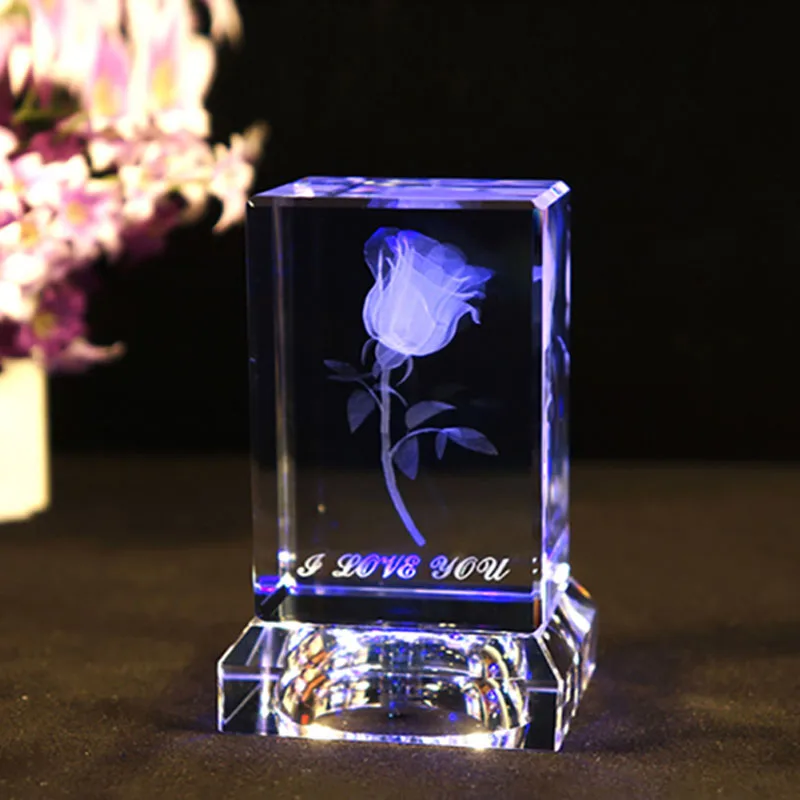 K9 куб кристалл 3D лазерная гравировка цветок розы украшение в виде Куба светодиодный светильник изменение цвета стекло миниатюрный для любви подарки Домашний декор - Цвет: B Battery Style