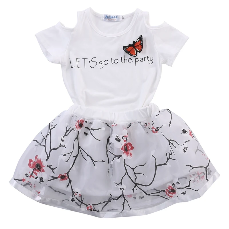 

2018 Toddler Kids Baby Girls Off Shoulder T-shirt Top Mesh Floral Princess Skirt Outfit Clothes Set 2-7T