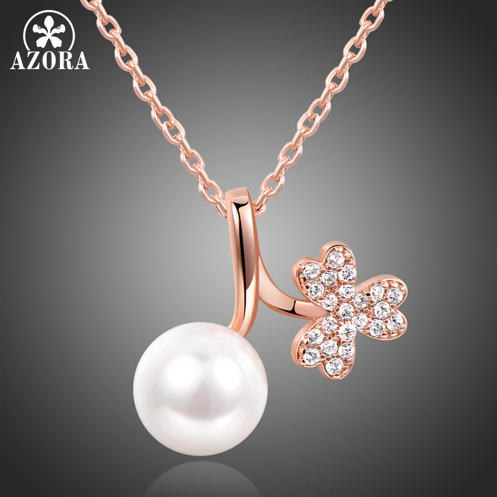

AZORA Clear Austrian Rhinestone Three Heart Leaf Connected Rose Gold Color Pearl Pendant Necklaces Wedding Jewelry Collar TN0256