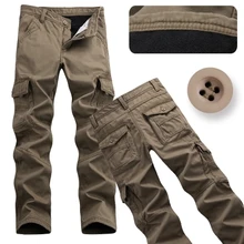 Зимние мужские повседневные военные утепленные флисовые брюки с несколькими карманами, большие размеры, мужские брюки-карго, Свободные теплые штаны 112202