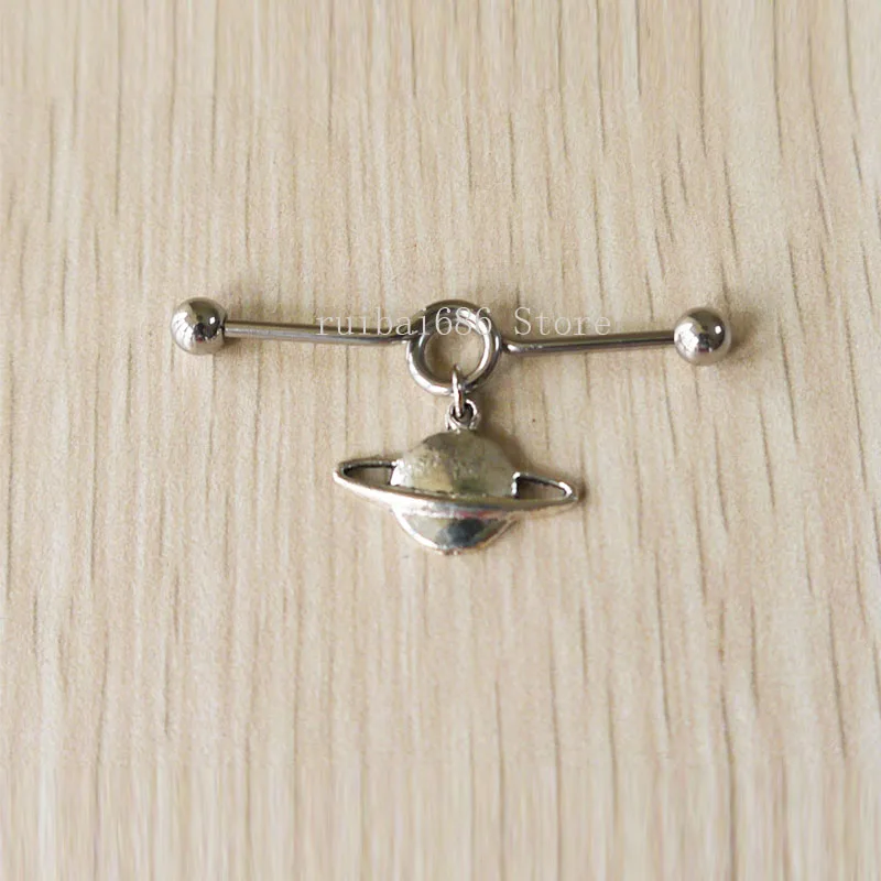 

2pcs Silvery Saturn Industrial Barbell Piercing ,Ear Jewelry Double Piercing, Silver Saturn earring ,body jewelry