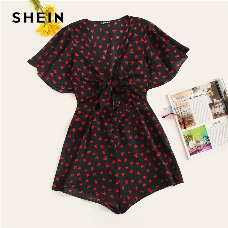 

SHEIN Knot Front Peekaboo Flutter Sleeve Romper Black 2019 Swish Summer Wide Leg High Waist Deep V Neck Women Playsuit