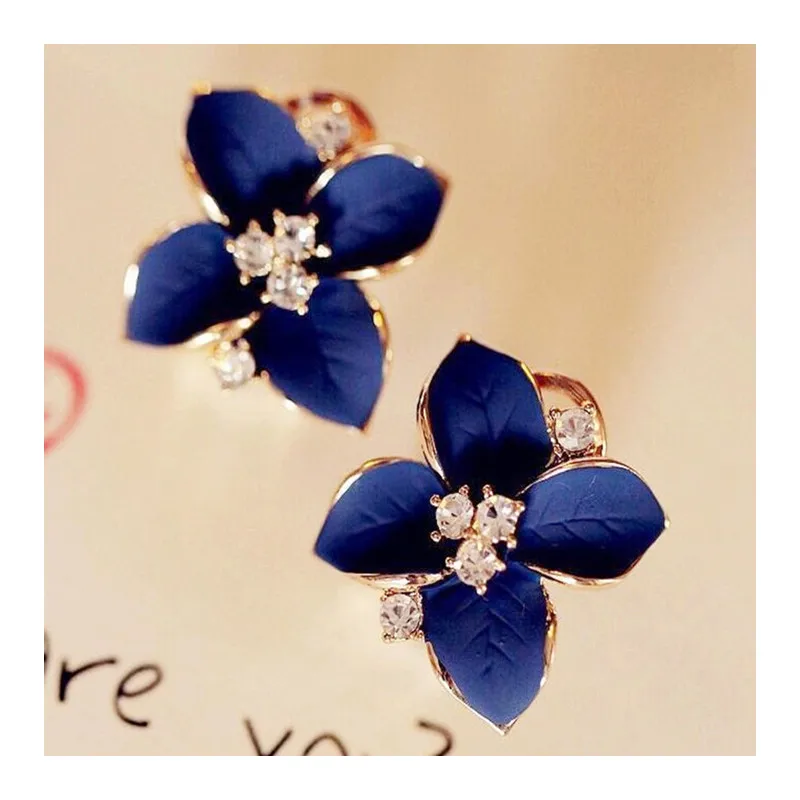 Высококачественные серьги-гвоздики золотистого цвета, благородный синий цветок, матовые Стразы в виде цветка, серьги-гвоздики, очаровательные женские ювелирные изделия E152
