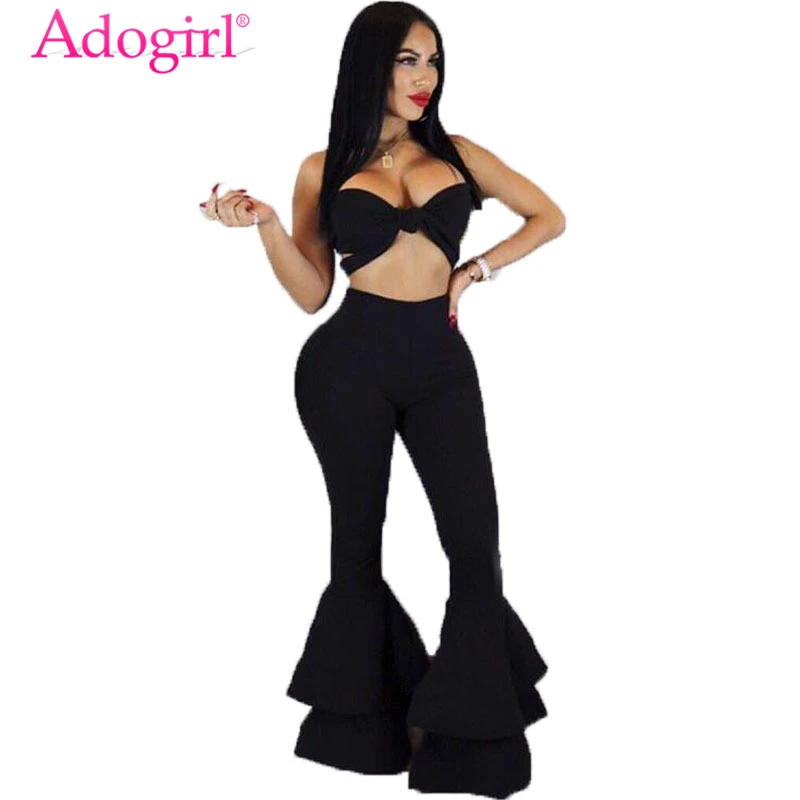 

Adogirl Black Skinny Flare Pants for Women High Waist Ruffles Bottom Slim Casual Pants Ladies Trousers