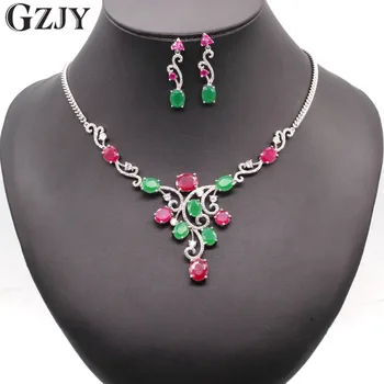 

GZJY Luxury White Gold Color Charming Oval Green Red AAA Zircon Jewelry Sets or Women Fashion Wedding Bridal Party Jewelry Sets
