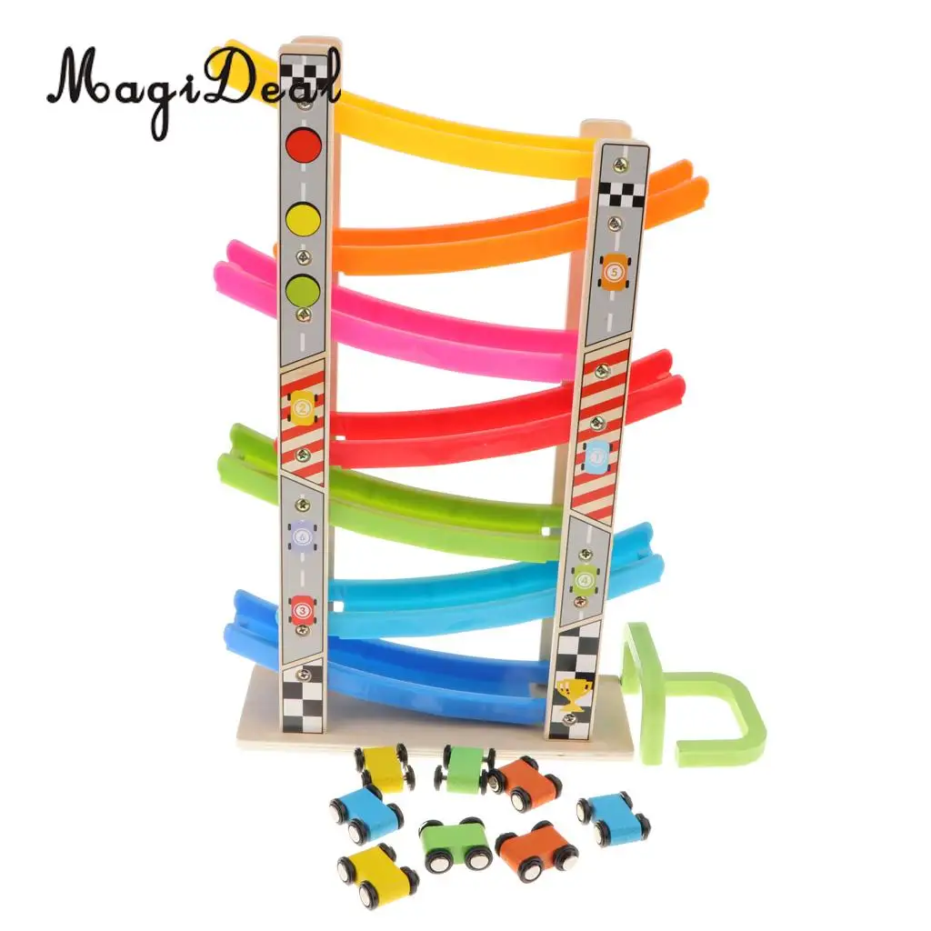 Colorful Wooden Ramp Race Track & 8 mini Inertia Car Playset - Toddlers Baby Toys Developmental Preschool Games