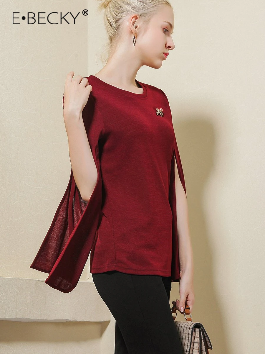 E.BECKY Black and Red Wine Women's Pullover Spring Summer Office Lady Thin Sweater Women O-Neck Split Flare Sleeve Sweaters 2019 E.BECKY Black and Red Wine Women's Pullover Spring Summer Office Lady Thin Sweater Women O-Neck Split Flare Sleeve Sweaters 2019