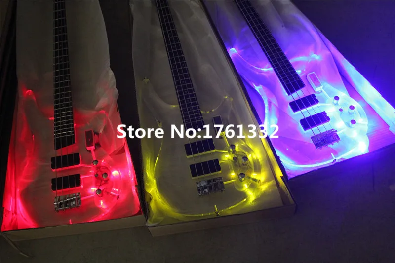 

Special price Factory custom 24 frets 4 strings acrylic body electric bass guitar with 3 color led light,can be customized
