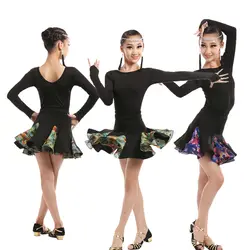 Новый спандекс Обувь для девочек латинские танцы костюмы с длинными рукавами топ + юбка с принтом 2 шт. латинские танцы набор для Обувь для