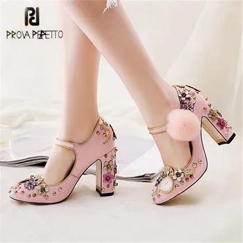

Prova Perfetto Cute Pink Women Pumps Chunky High Heels Mary Janes Ladies Shoes Crystal Valentine Shoes Stiletto Wedding Shoes