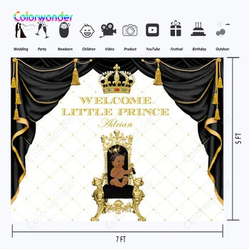 

Royal Baby Shower Prince Series Background Photography White Wall with Black Curtain 7x5ft African Boy Sitting on Chair Backdrop