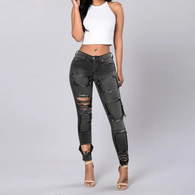 

2017 Spring Summer Women Jeans Pants Pencil Pants Slim Knee Ripped Skinny Ripped Jeans Grey Jeans pocket hole vaqueros mujer XL