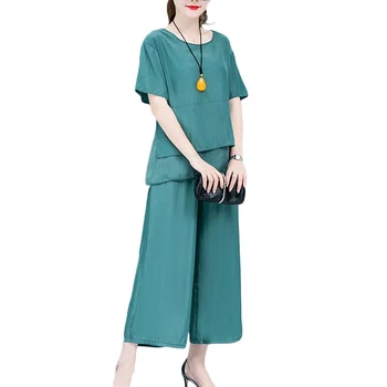 

Summer Wide-leg pants Suit Women New Fashion Loose Chiffon shirt Nine pants Two-piece Sets Women's Plus size Sets Tide 4XL F594