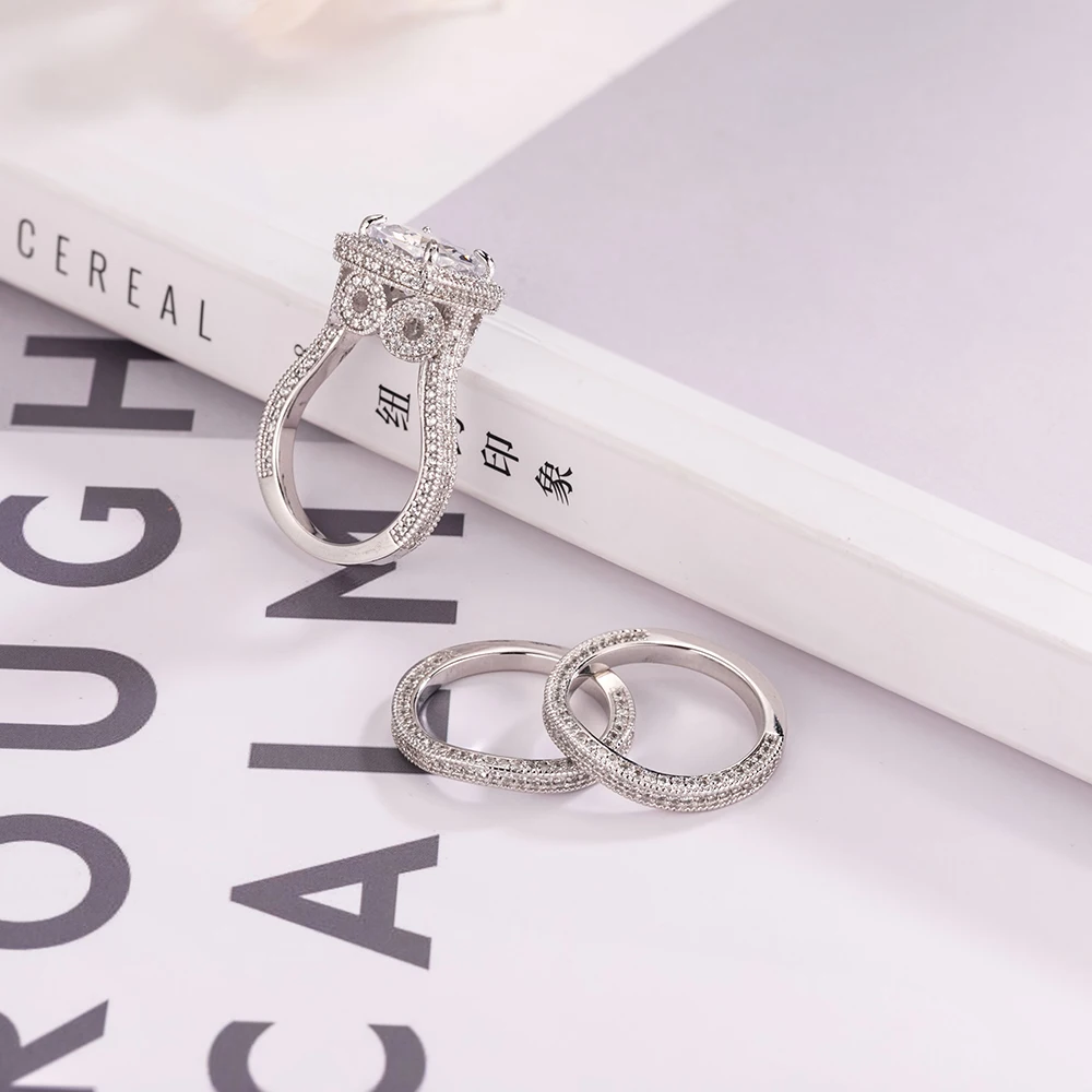 Винтажные 925 пробы серебряные свадебные кольца для женщин роскошный набор обручальных колец с искусственным бриллиантом 3 в Свадебные ювелирные изделия