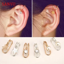 ФОТО creative alloy star u clip earrings for women trendy simulated pearl gold color ear cuff cubic zirconia boucle d'oreille 