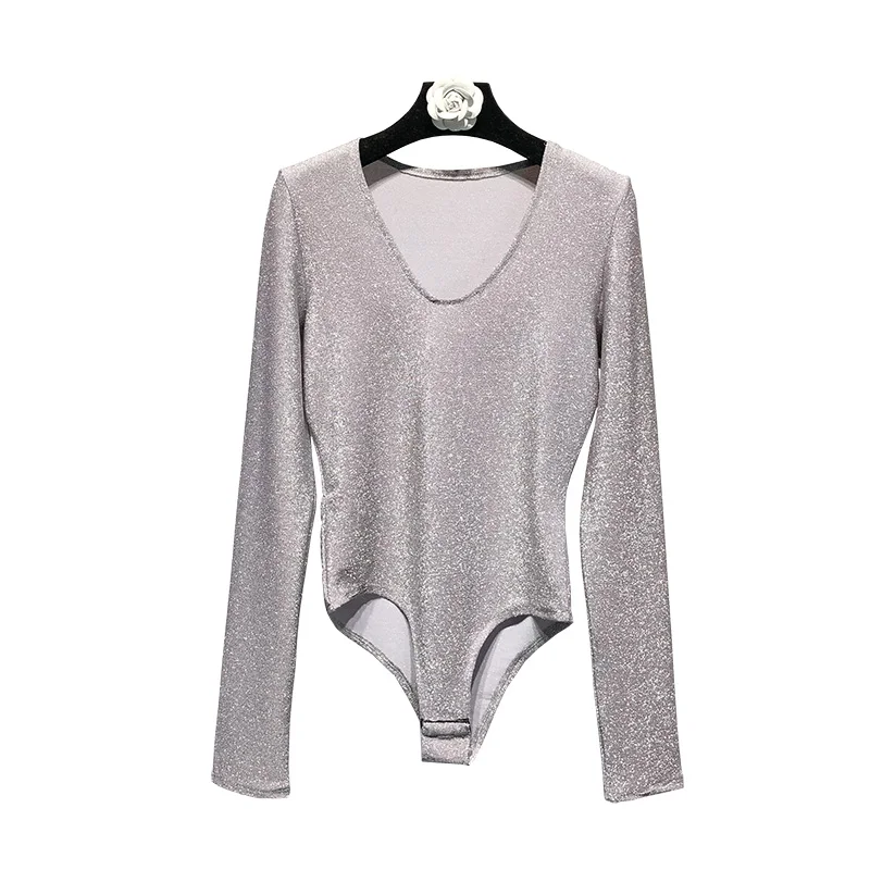 Long Sleeve Bodysuits Bright silk Metallic Vintage V Neck Stylish Sexy