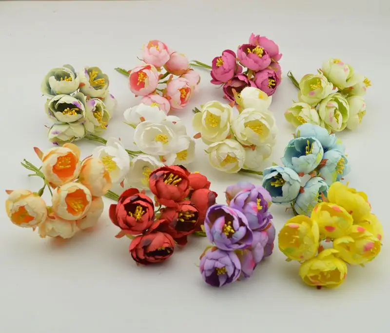 

6pcs Stamen artificial flowers simulation small silk cloth roses tea bags DIY Wreath handmade wedding ball Gift box decoration