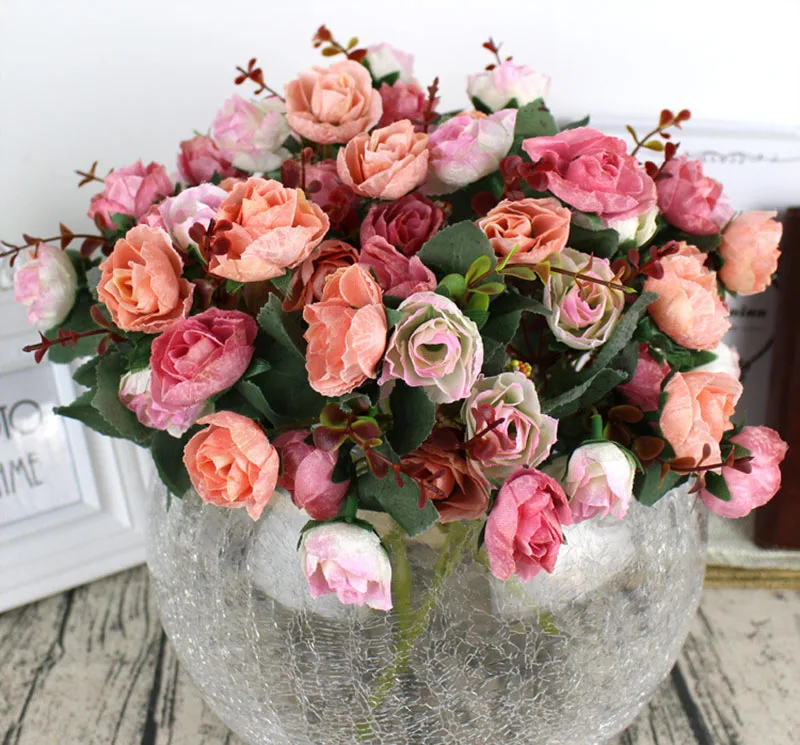 Flone Artificial Silk Rose Bouquet Fake Flowers Home Wedding Display Flower European Rose Small Bouquet Party Decoration (26)