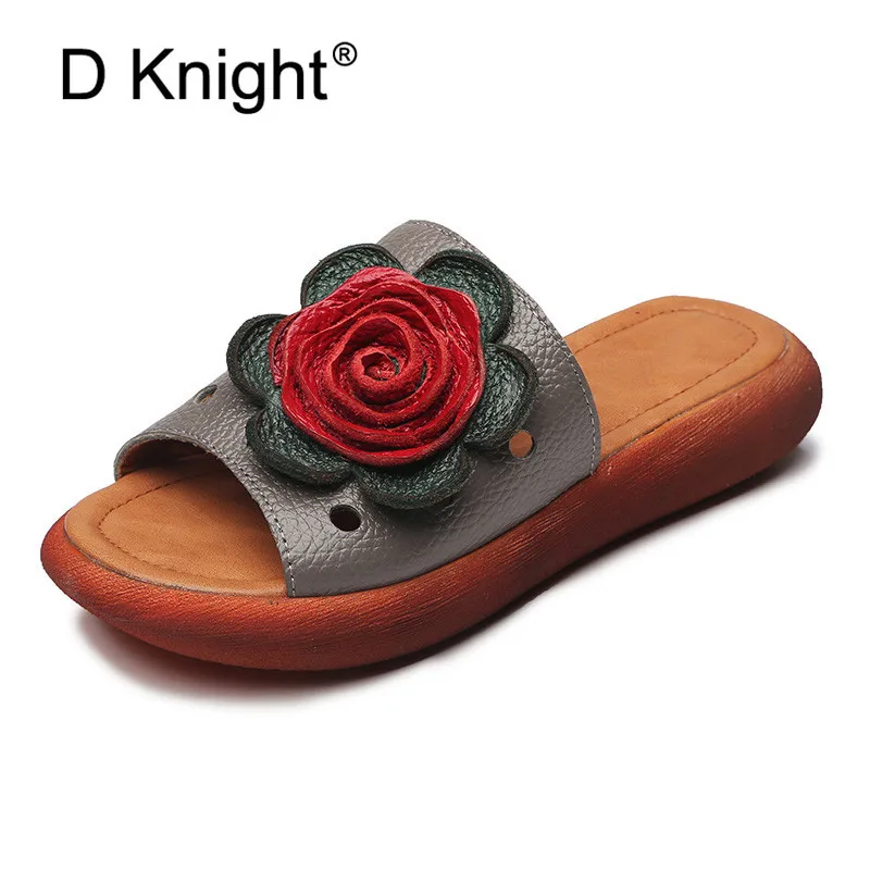 

Big Size Flower Woman Beach Flip Flops Summer Sandals Slip- Resistant Slippers Platform Sandal Genuine Leather Slides Size 35-40