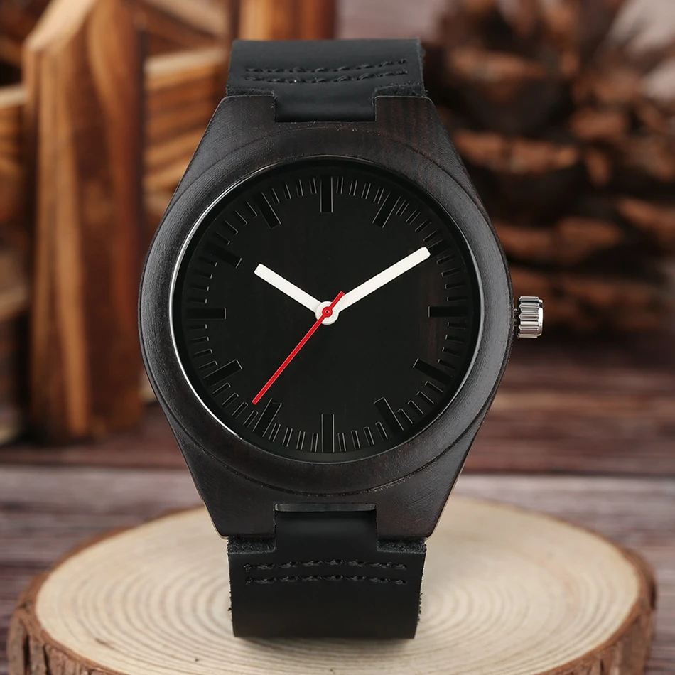 YISUYA Creative Bamboo Watches Men Red Secondhand Quartz Women Female Wrist Watch Fashion Black Dial Elegant Leather Band Strap (1)