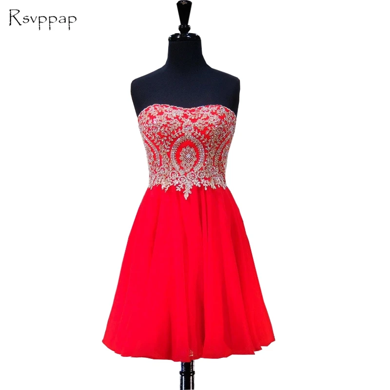 

Sweet 16 Dresses Simple Sweetheart A-line Gold Lace Short Red Chiffon Homecoming Dresses 2019