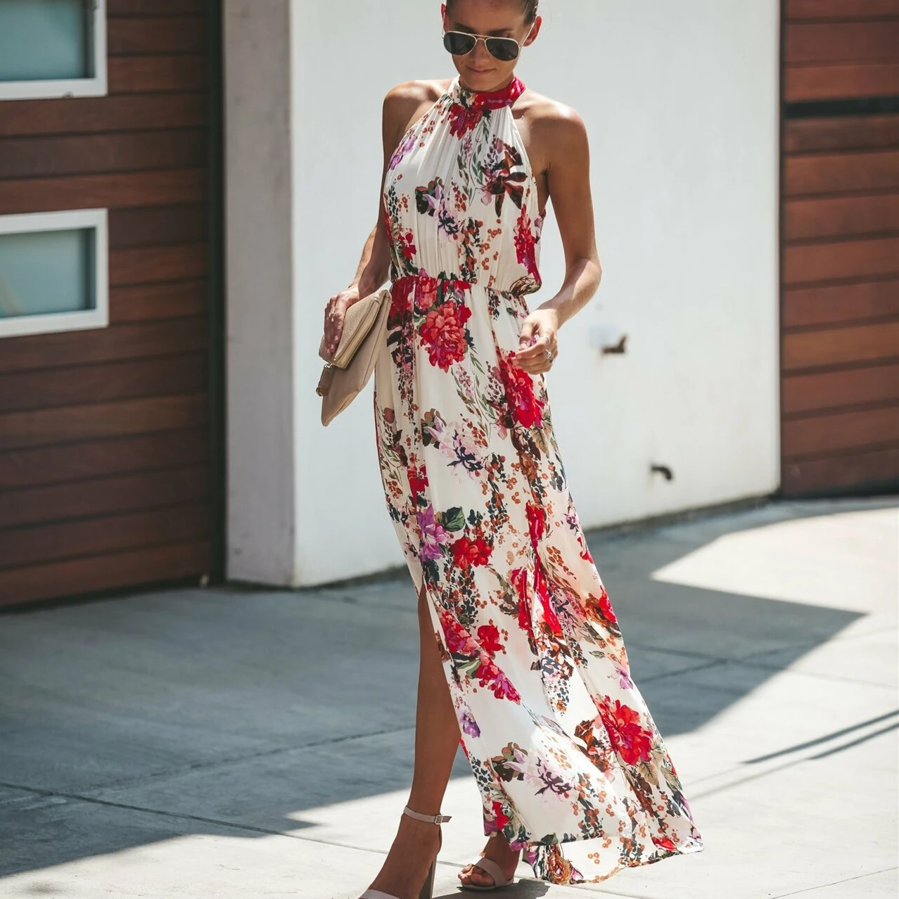 

Halter Style Women Summer Floral Dress Casual Boho High Waist Long Maxi Holiday Party Sleeveless Loose Dress Clothes