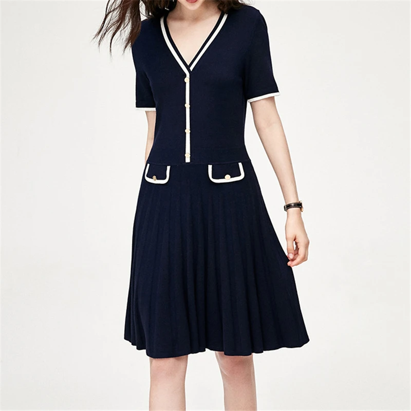 

Tunjuefs Striped Knitted Dress Women Robe Button Dress Short Sleeve Summer Runway Vestidos Bodycon V-Neck Pullovers Slim Vintage