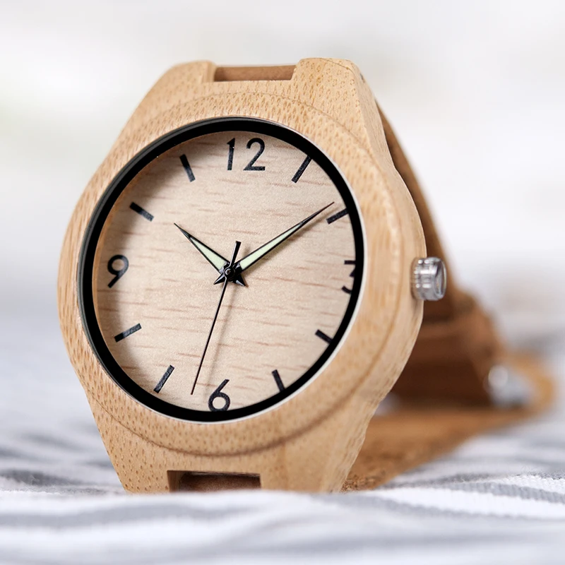 BOBO BIRD Minimalist Natural Men Bamboo Wooden Watch with Leather Strap in Gift Box
