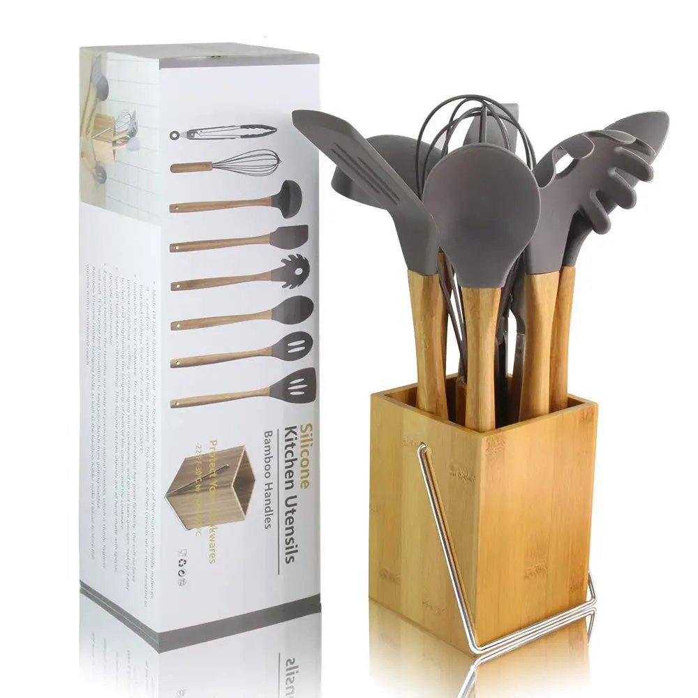 LMETJMA Silicone Kitchen Utensils Set 9-Piece Cooking Tools Set with Bamboo Holder Non-stick Cookware KC0212