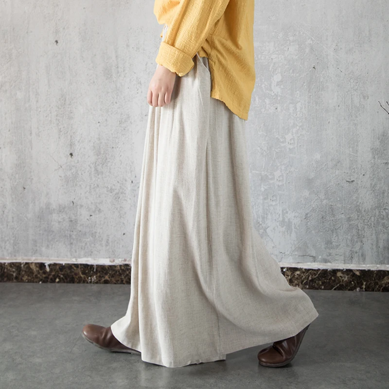 

Extra Loose Long Elastic Waist Wide Leg Flare Women Cotton Linen Pants, Retro Breathable Tea Zen Plus Size Pleated Lady Trousers