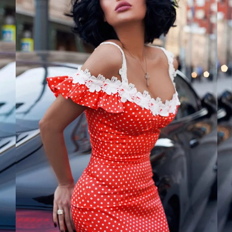 

Women Polka Dot Slim Maxi Dress Off Shoulder Patchwork Holiday Dress Sexy Package Hip Pencil Dress