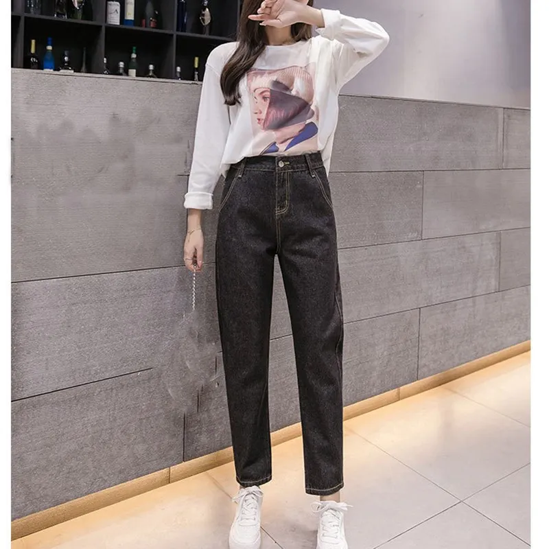 2018 Autumn Women Blue High Waist Loose Jeans Casual Mom Boyfriend Jeans Pencil Pants Black Pockets Button Denim Pants Jeans