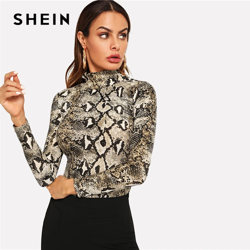 SHEIN متعدد الألوان أنيقة مكتب سيدة عالية الرقبة جلد الثعبان طباعة نحيل طويل الأكمام المحملة الخريف سترات المرأة التي شيرت و أعلى