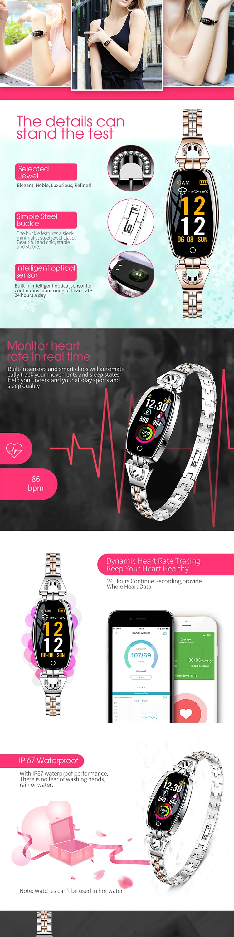 2019 New Women's Smart Fashion Bracelet H8 wristband with heart rate blood pressure IP67 waterproof Lady Jewelry Smartwatch