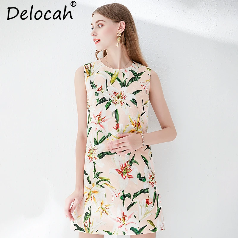 Delocah Summer Women Dress Runway Fashion Designer Sleeveless Crystal Beading Floral Print Elegant Casual Loose Short Dresses