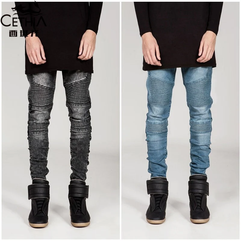 

2016 New Men's fashion wolf print stretch denim jeans Slim black painted straight pants Long trousers