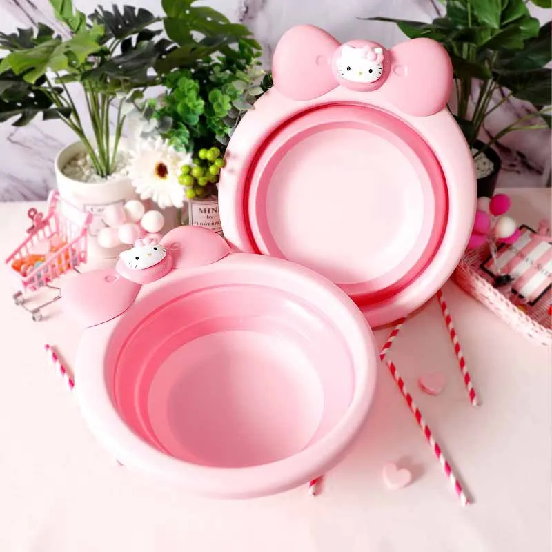 

Portable Hello Kitty Bow-knot Foldable Silicone PP Cartoon Pot Wash Basin Plastic for Baby Kid Basin Personal Care Basin Cute KT