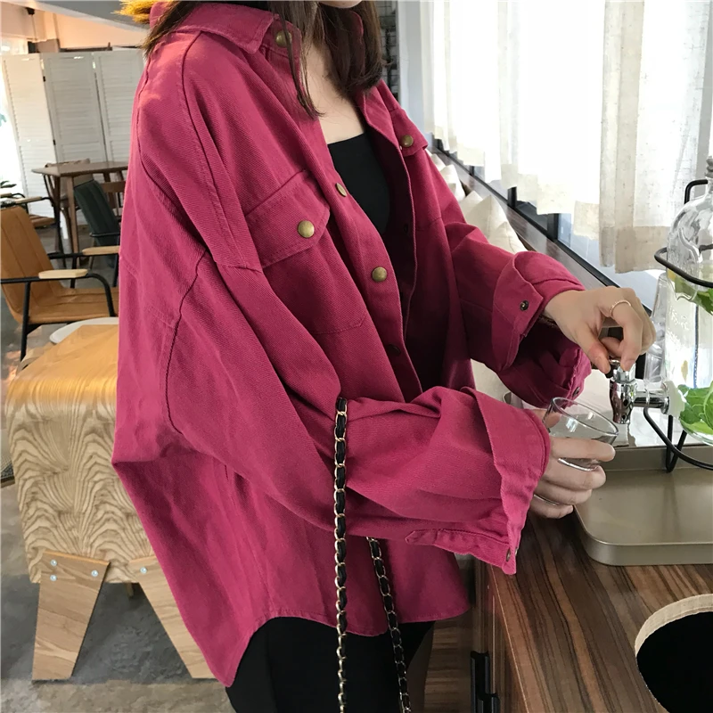 

2 colors 2018 autumn solid color loose single breasted round butto long-sleeve denim jackets womens basic coats (K680)