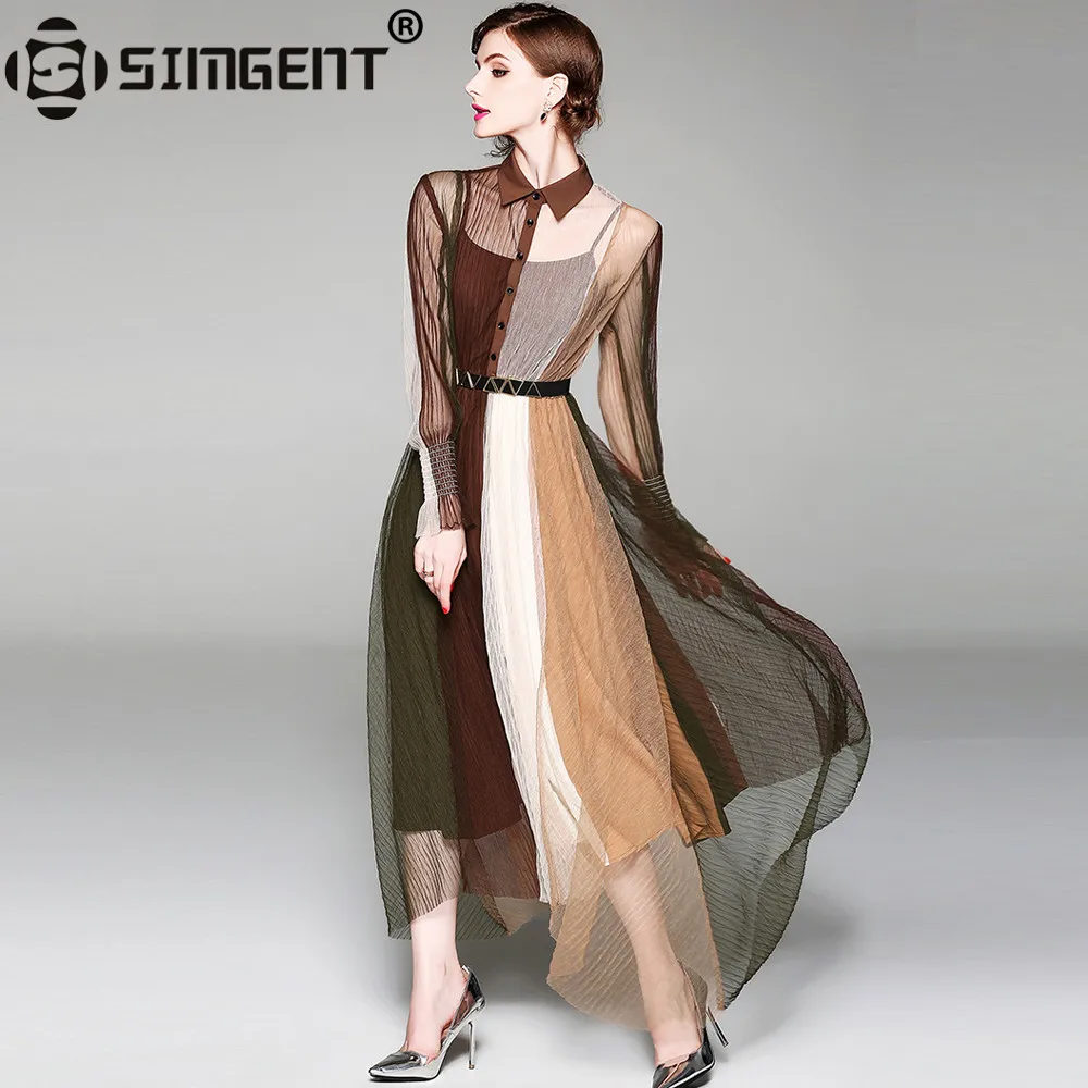 

Simgent New High Quality Women Elegant Vintage Color Block Turn Down Collar Belted Long Mesh Dress Robe Longue Femme Ete SG84163