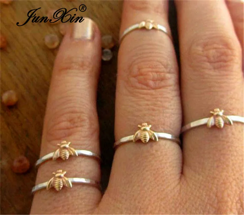 JUNXIN Female Male Cute Small Gold Bee Rings For Women Men 925 Silver Filled Stackable Joint Midi Ring Minimalist Jewelry Gifts