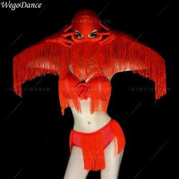 

new Red Tassels Bikini Mask Halloween Nightclub Bar Women Pole Dancing Costume Valentine's Day DJ Party Stage Wear 5 Pieces Set