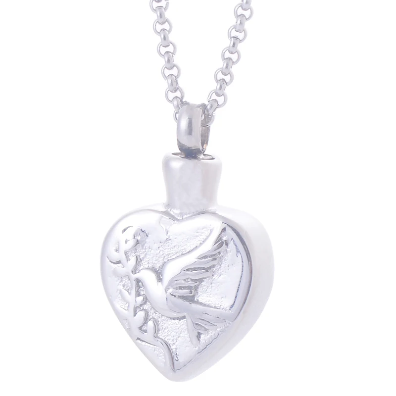 

Stainless steel Peace Dove with Olive Branch Heart-shape Pendant Necklace cremation jewelry funeral urns necklaces silver color