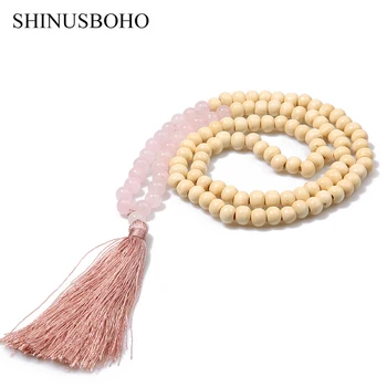 

SHINUSBOHO Tassel Long Necklace for Women Handmade 8 mm Semi-precious Stones & Wood Beaded Necklace Friendship Jewelry Female
