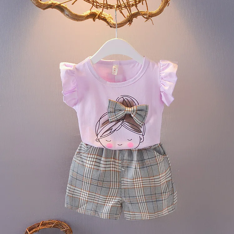 Розничная ; детская одежда; футболка с рисунком и клетчатые шорты; Комплект для девочек; летние комплекты из 2 предметов для маленьких девочек