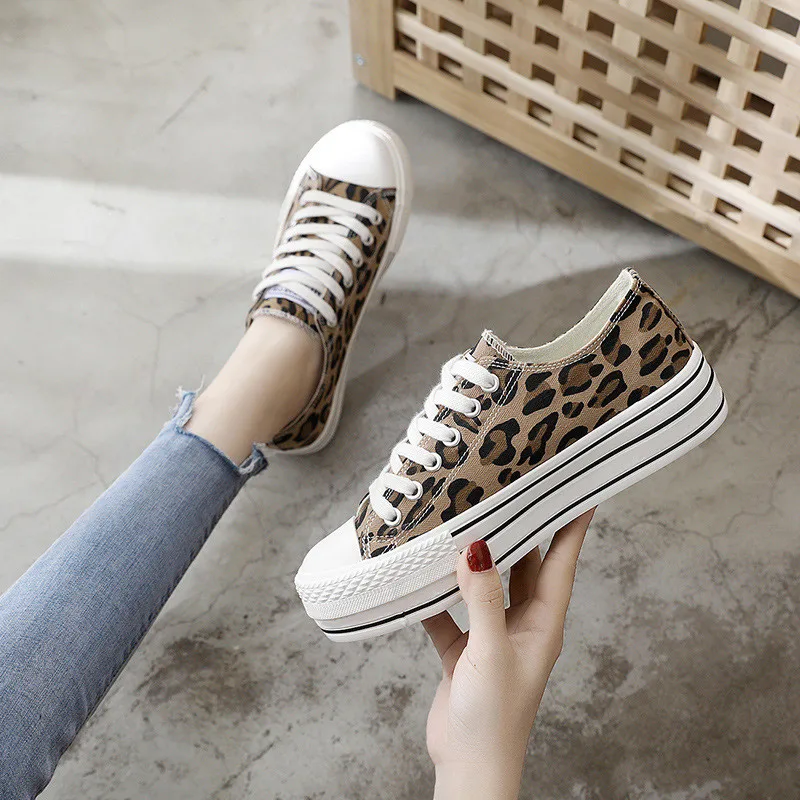 Zapatos de leopardo de lona para mujer, Zapatillas con plataforma,  informales, gruesas, de alta calidad, con cordones - AliExpress Calzado
