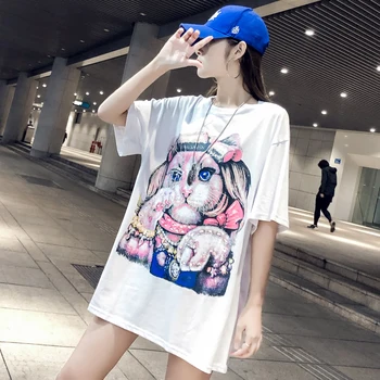

2019 lady cartoon short-sleeved T-shirt cartoon cat beaded printing cotton loose large version T-shirt tide female